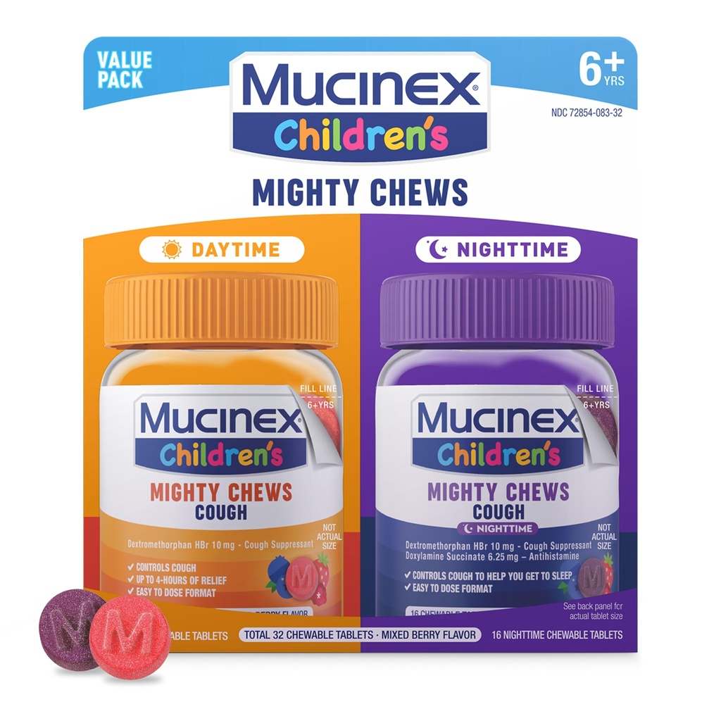 Mucinex kinderen Mighty Chews Kids Cough Medicine Daytime en Nighttime Value Pack, Gemakkelijk te doseren Cough Suppressant voor kinderen met Dextromethorfan, gemengde Berry Flavor, 32 gemedicineerde kauwtabletten