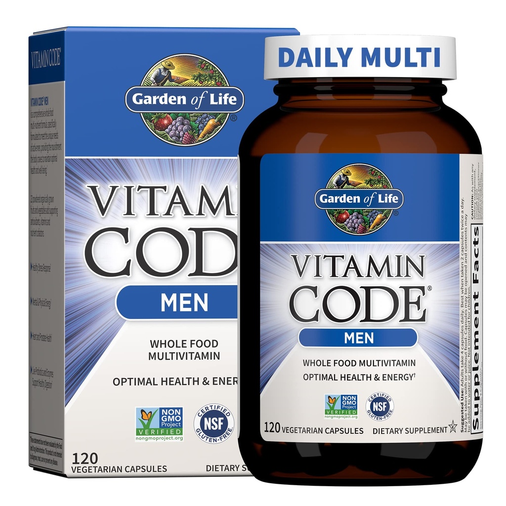 Jardin de la vie Vitamine Code Multivitamine pour les hommes - 120 capsules, vitamines pour les hommes, mélange de fruits et de légumes et probiotiques pour l'énergie, le coeur, la santé de la prostate, les hommes végétariens Multivitamines