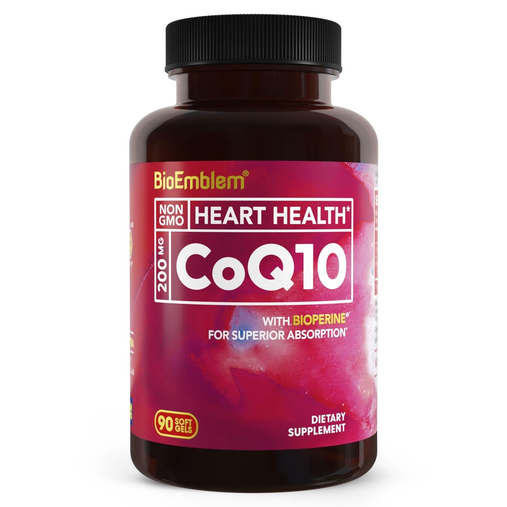 BioEmblem CoQ10 met BioPerine - 200mg Softgels, Hoge Absorptie - Co-enzym Q10 Antioxidant voor energieproductie, Hartgezondheid - Natuurlijke Vorm, Non-GMO CoQ10 Supplement - 90 Tel.