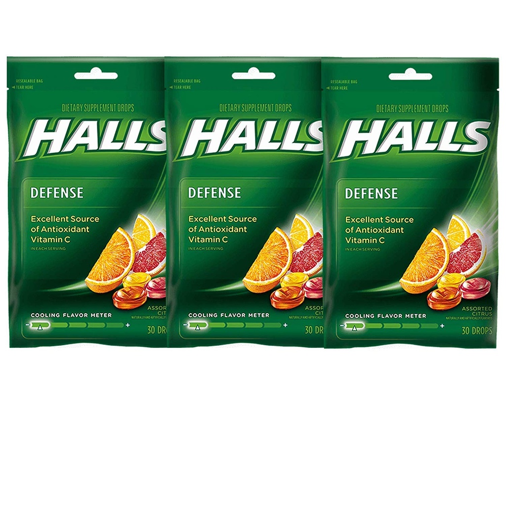 Halls Defense Vitamine C Drops Assorted Citrus - 30 ct, Verpakking van 3