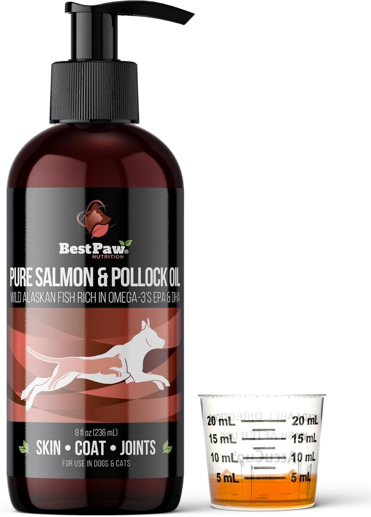 Pure Wild Alaska Zalm & Pollock Oil voor honden en katten huid en jas - Visolie vloeibaar met pomp - Ondersteunt gezamenlijke functie en gezondheid van het hart - Omega 3 Liquid Food Supplement - Alle natuurlijke EPA + DHA - 8oz