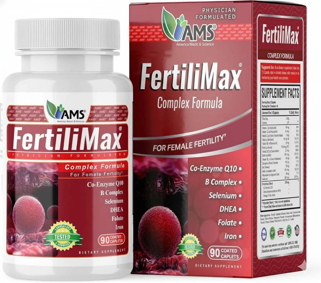 America Medic & Science FertiliMax, Vruchtbaarheid Supplementen voor vrouwen, Ondersteunt Reproductive Gezondheid & vruchtbaarheid behandeling, met Folate, CoQ10, DHEA, Iron, Selenium, 90 Capsules