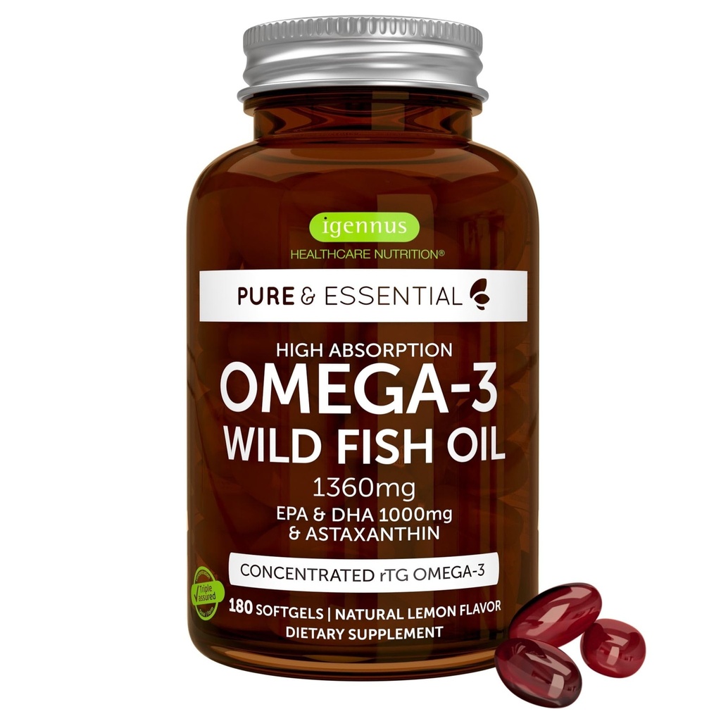 Igennus Ultra Pure Omega 3 triglyceride RTG Wild Fish Oil 1360mg, IFOS Certified, EPA DHA 1000mg Plus Astaxanthine, Non-GMO, voor mannen & vrouwen, 180 Softgels
