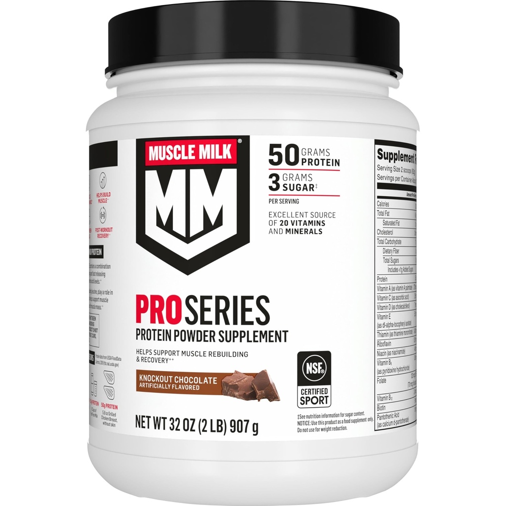 Muscle Milk Pro Series Proteïnepoeder Supplement, Knockout Chocolate,2 Pound,11 Servings,50g Proteïne,3g Suiker,20 Vitaminen & Mineralen,NSF gecertificeerd voor Sport, Workout Herstel,Verpakking mei Vary