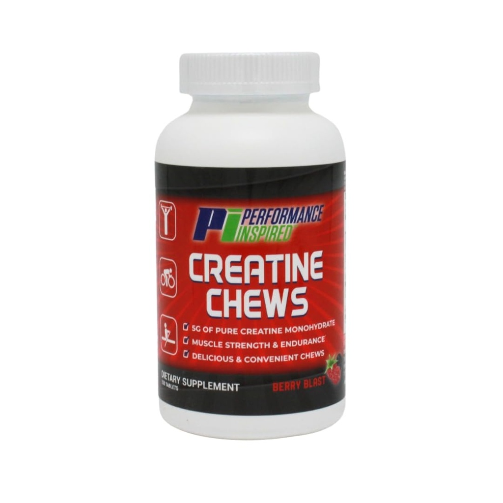 PERFORMANCE INSPIRED Nutrition Createine Kauw 5g Creatine Monohydraat Ondersteunt spiergroei en herstel Berry Blast Flavor 120 Tel.