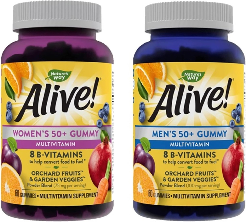 La nature est vivante ! Femmes et hommes 50+ Multivitamines Gummy, B-Vitamines, Saveurs délicieuses, 60 Gummies par bouteille
