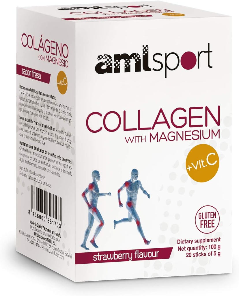 AML Sport - Collageen met Magnesium met Vitamine C Sticks - Aardbei Flavour - Travel Pack -20 Sticks. Gehydroliseerde Collageen. Melk, gluten en suikervrij.