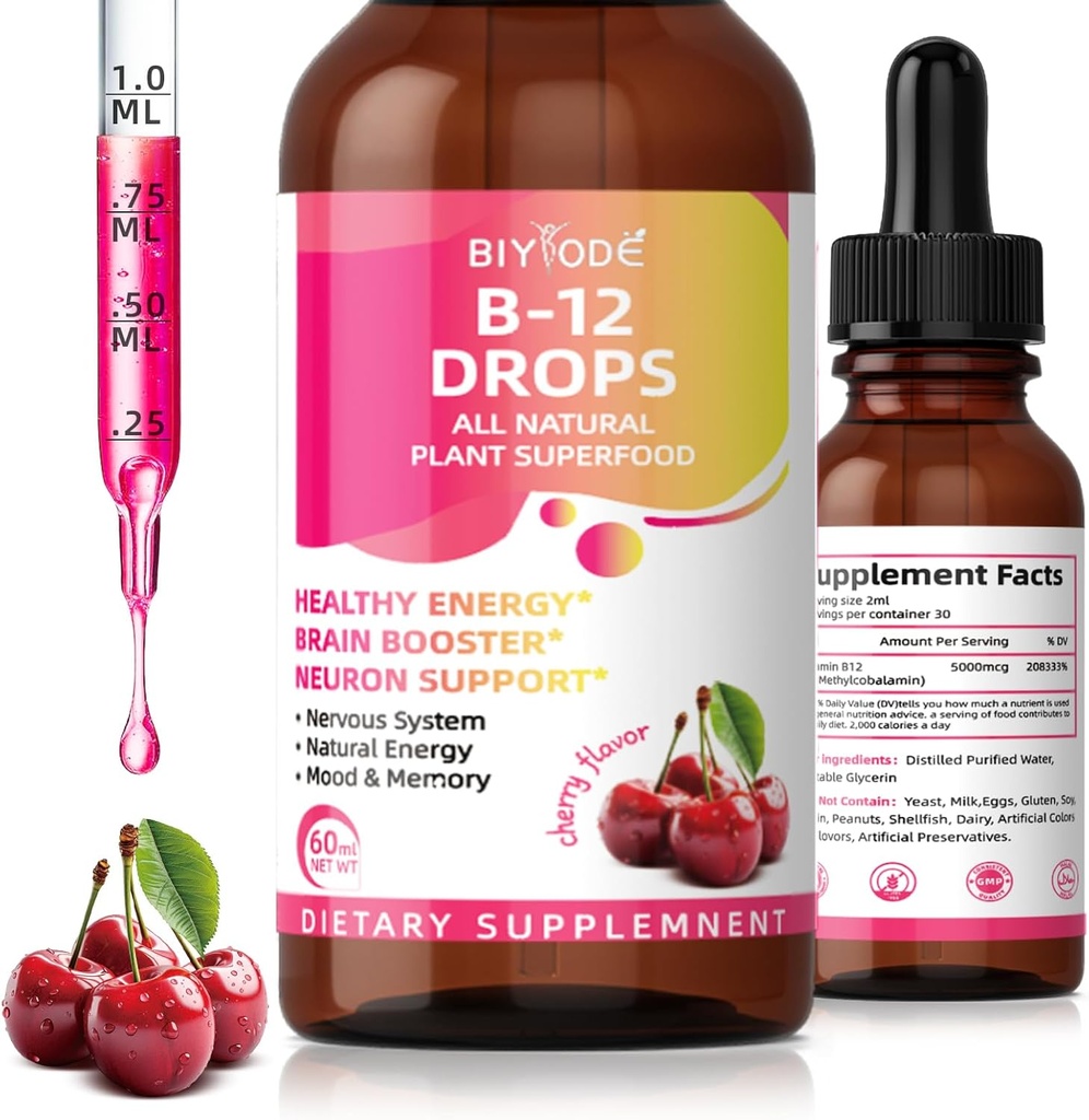 Vitamine B12 5000 mcg Liquid Drops Alle Natuurlijke Plant Superfood Gezonde Energie Hersen Booster Neuron Ondersteuning Zenuwstelsel Natuurlijke Energie Mood Geheugen 60ml Net Wt Cherry Flavor