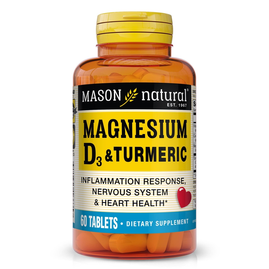 MASON NATUURLIJKE Magnesium & Vitamine D3 met Kurkuma, 60 dagen voeding Dieetsupplement met 500 mg Magnesium, 3000 IE Vitamine D3 en 150 mg Kurkuma