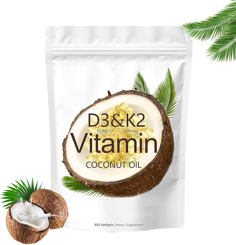 Vitamine D3 K2 Supplement Softgels, 10000 IE D3 + 200 mcg K2, Non-GMO, Glutenvrij, Sojavrij, 300 aantal