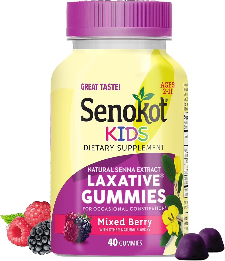 Senokot Kids Mixed Berry Laxative Gummies for Age 2+, Senna Extract for Gentle, Overnachting Verlichting van Occasional Constipatie, 40 ct
