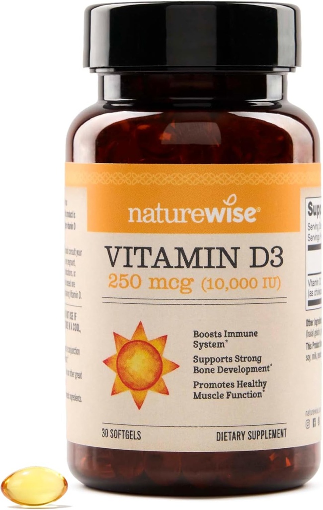 NatureWise Vitamin D3 10.000IU (250 mcg) 30-dagen levering - hoge potentie voor gezonde immuunondersteuning en spierfunctie, niet-GMO, Glutenvrije in biologische Extra Virgin Olive Oil, (Mini Softgel), 30 Tel.