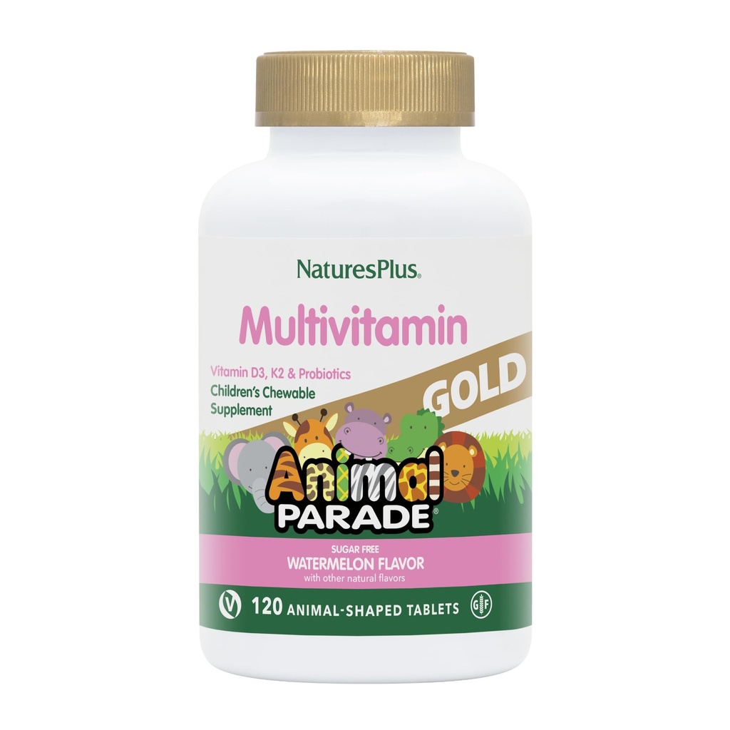 Natures Plus Animal Parade Gold Multivitamine Kinderen Kauwtabletten - Watermeloen smaak - 120 Animal Shaped Tablets - Vitamine D3, K2 & Probiotica - Veganistisch, Glutenvrij - 60 Totaal porties