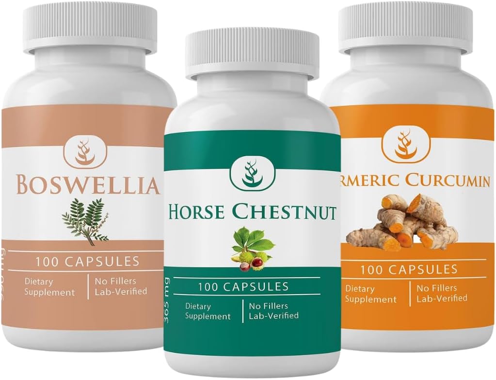 PURE ORIGINAL INGREDIËNTEN Horse Chestnut, Boswellia, en Kurkuma Capsule Bundle, 100 Capsules Elke, altijd puur, Geen Additieven of Fillers