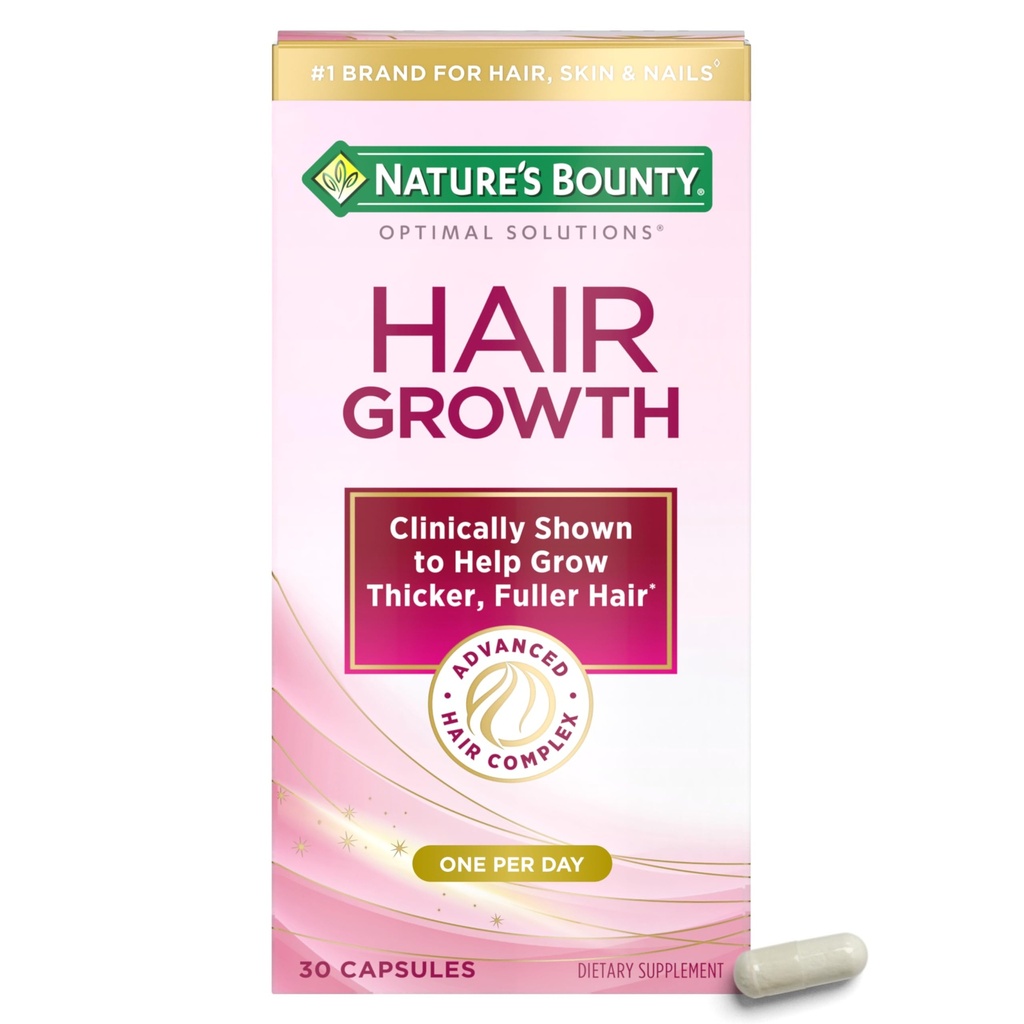 Nature's Bounty Optimale oplossingen Hair Growth Supplement met Biotine, Haargroei Vitaminen met Biotine Silicium & Arginine, 1 per dag, 30 capsules, één maand levering