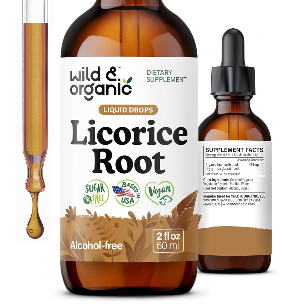 Teinture de réglisse sauvage et biologique - Soutien digestif - gouttes d'extrait de racine de réglisse pure - Glabre de Glycyrrhiza - Supplément végétalien, sans sucre et sans alcool - 2 fl oz