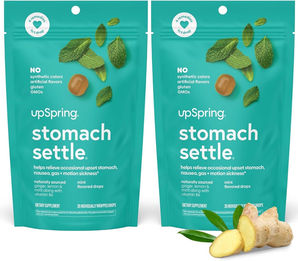 UpSpring Maag settle Drops voor af en toe misselijkheid Relief, Upset Maag en Beweging Ziekte met Ginger, Lemon, Spearmint en B6, Mint Flavor Drops, 56ct (Pack of 2)