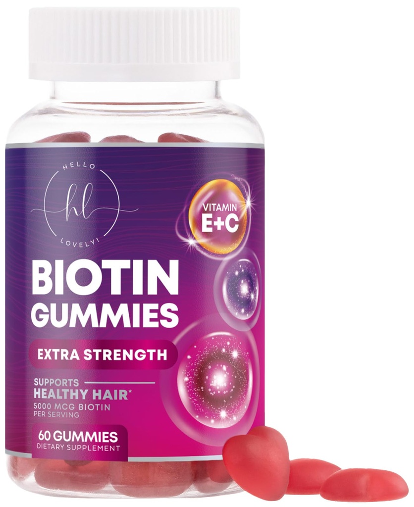 Vitamines capillaires Gummy avec Biotin 5000 mcg - Soutien de la croissance des cheveux avec Vitamines E & C pour les cheveux épais, plus forts et beaux - Peau de cheveux et ongles Vitamine pour les femmes, non-OGM, sans gluten - 60 Gummies