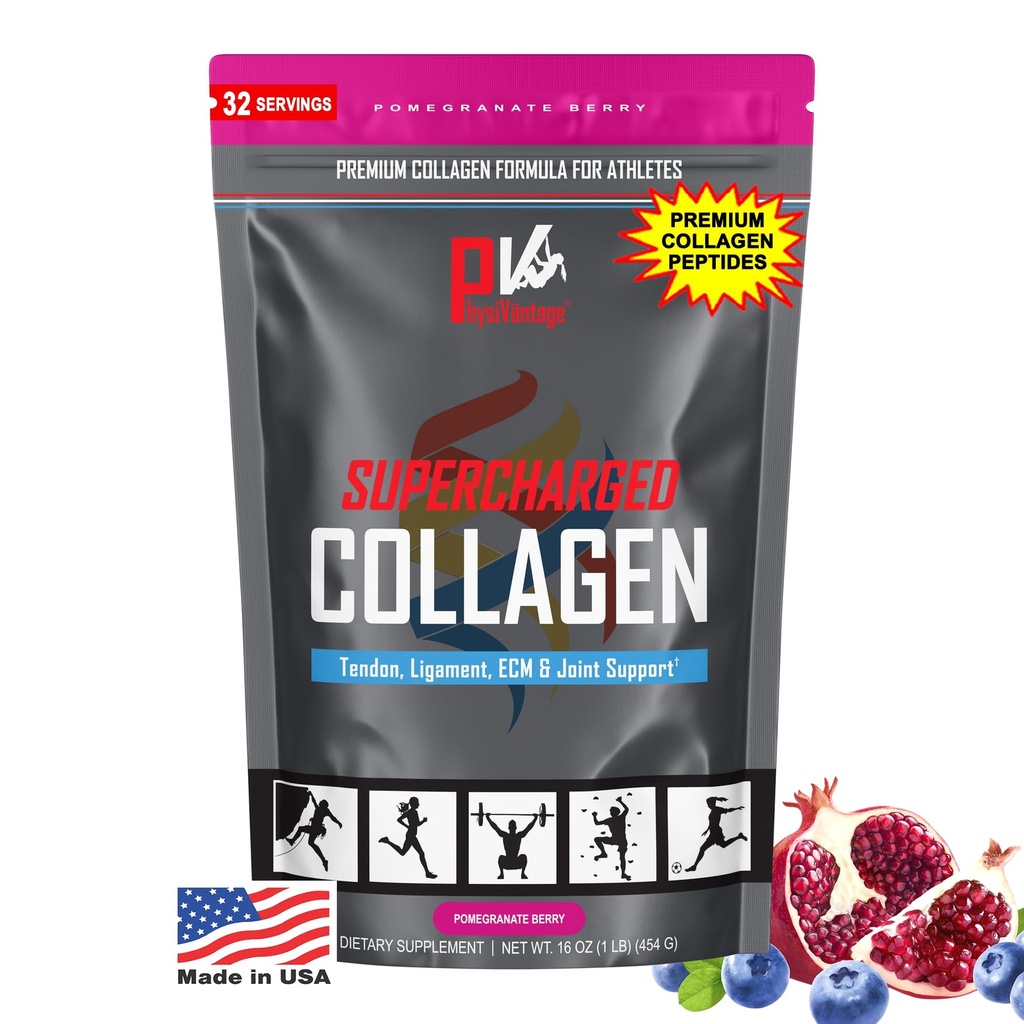 PhysiVantage Supercharged Collagen Peptides Poudre - Collagène hydrolysé pour le soutien de la santé articulaire, Tendon, Ligament et de la peau - grenade, kéto, paléo, 16oz