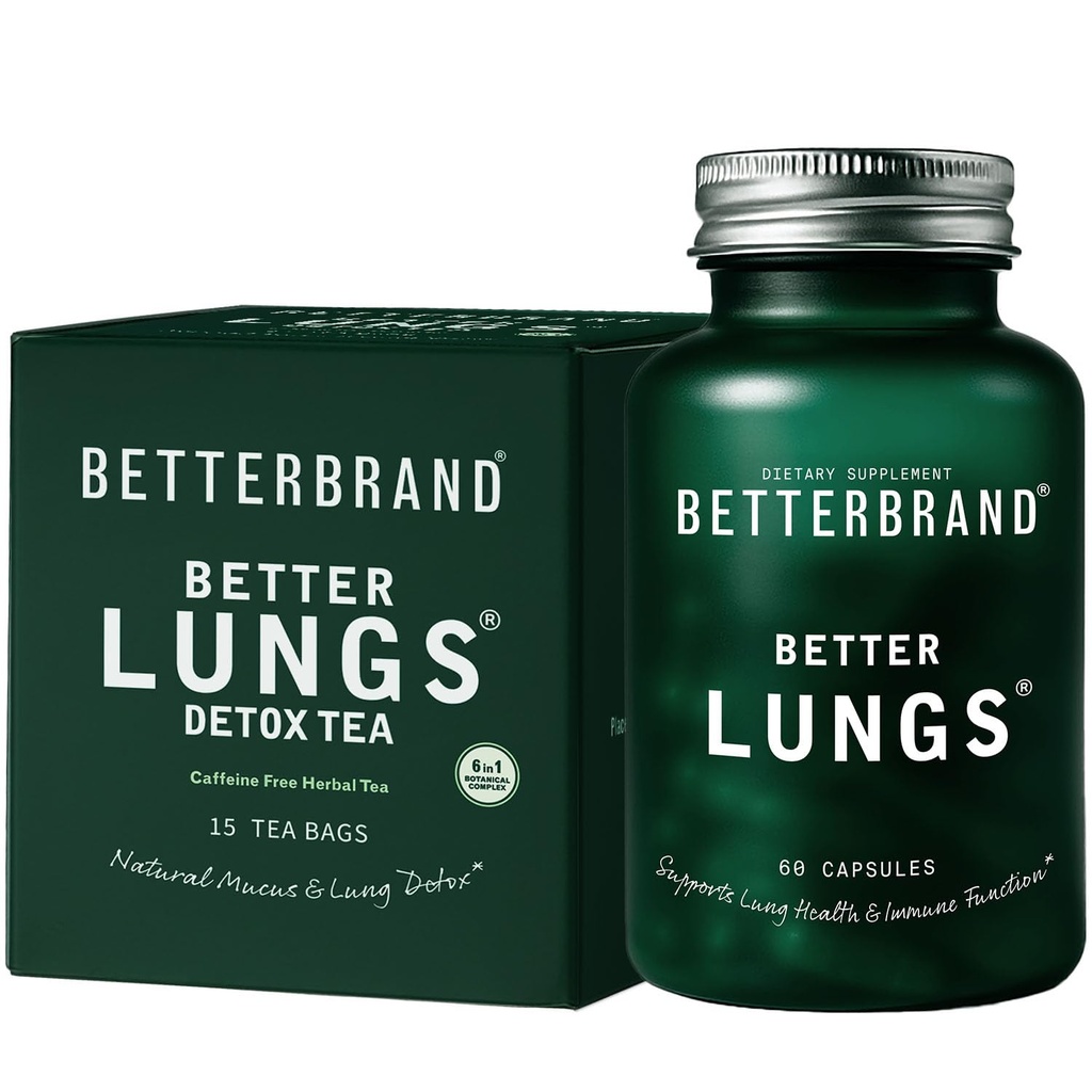 Betterbrand Better Longs Health Pack - BetterLungs & BetterLungs Detox Tea Bundle - Daily Resporatory Health Supplement - 15X Kruidentheezakken + 60 capsules