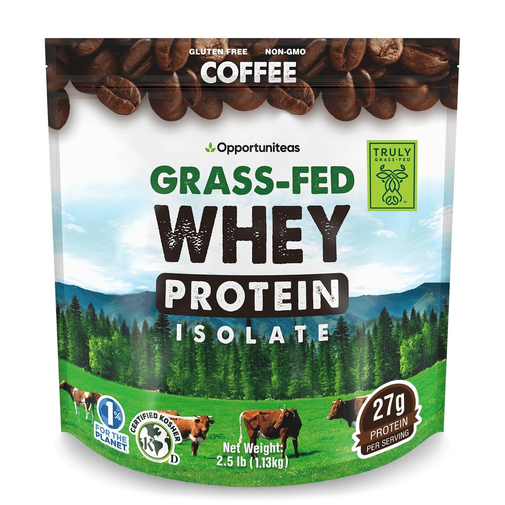 Opportuniteas Grass Fed Koffie Wei Proteine Isolaat Poeder - 27g Proteïne Poeder zonder kunstmatige zoetstoffen, Hormone-vrije koeien, Niet GGO - 2.5lb