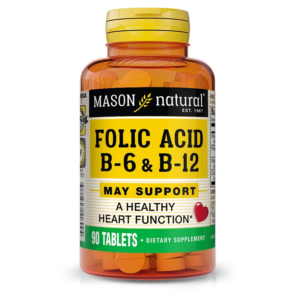Acide folique naturel MASON avec B,6 & B,12, 90 jours d'approvisionnement, soutient la santé cardiaque normale et la fonction métabolique