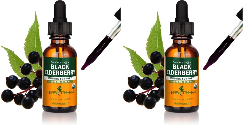 Herb Pharm Certified Organic Black Elderberry Liquid Extract for Immuun System Support, Organic Cane Alcohol, 1 Oz (Pack of 2)