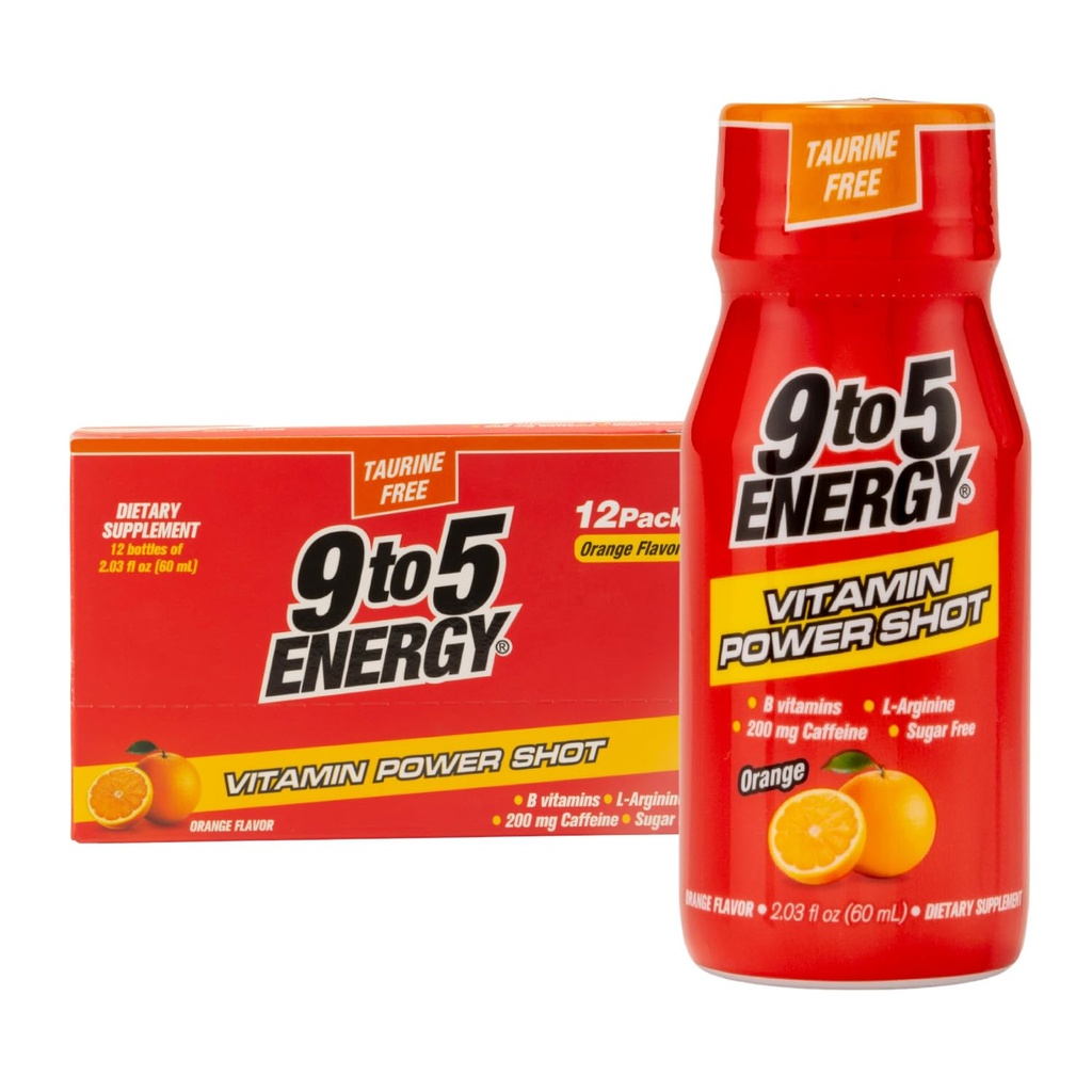 Vitamine Power Shot - Arôme orange, Sans Taurine, Sans Sucre, 12 Pack (2.03 fl oz chacun) - Boost Energy, Focus, et Vitalité avec des vitamines B et L-Arginine