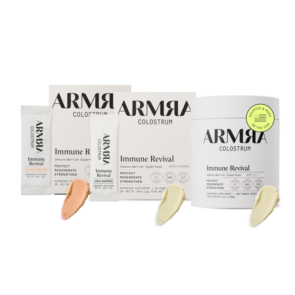 ARMRA ColostrumTM Premium Powder, Grass Fed, Gut Health Bloating Immunity Skin & Hair, Bevat 400+ Bioactieve voedingsstoffen, Keto, Gluten & Vetvrij (Bloed Oranje, Ongearomatiseerde Bundel 180 Servers)