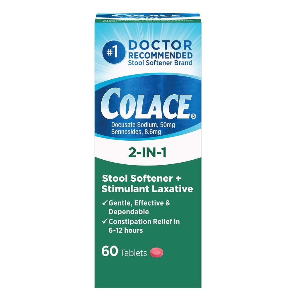 Colace 2-In-1 Stool Softener Plus Stimulant Laxative for Gentle Effective Constipatie Relief, Docusate Sodium Plus Sennosides, 60 Tel.