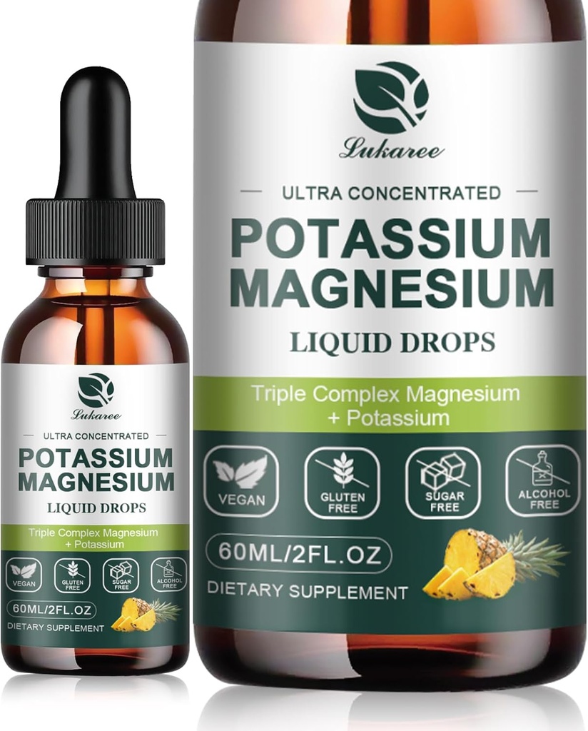 Kalium Magnesium Supplement Liquid w/Triple Complex Magnesium Glycinate & Kalium Plus Omega 3, Sea Moss, Black Seed, D3K2 & Calcium voor Zzz, Leg Cramps & Muscle-4 FL OZ Drop
