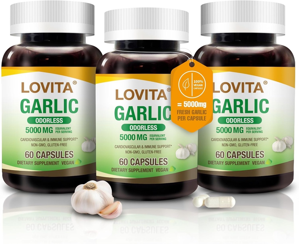 Lovita Odorless Knoflook Capsules, 5000mg Verse Knoflook Equivalent, 1,25% Allicin Extract, Ondersteunt Hart, Bloeddruk, Cholesterol & Immuun System, Non-GMO, Glutenvrij, 180 Vegan Capsules