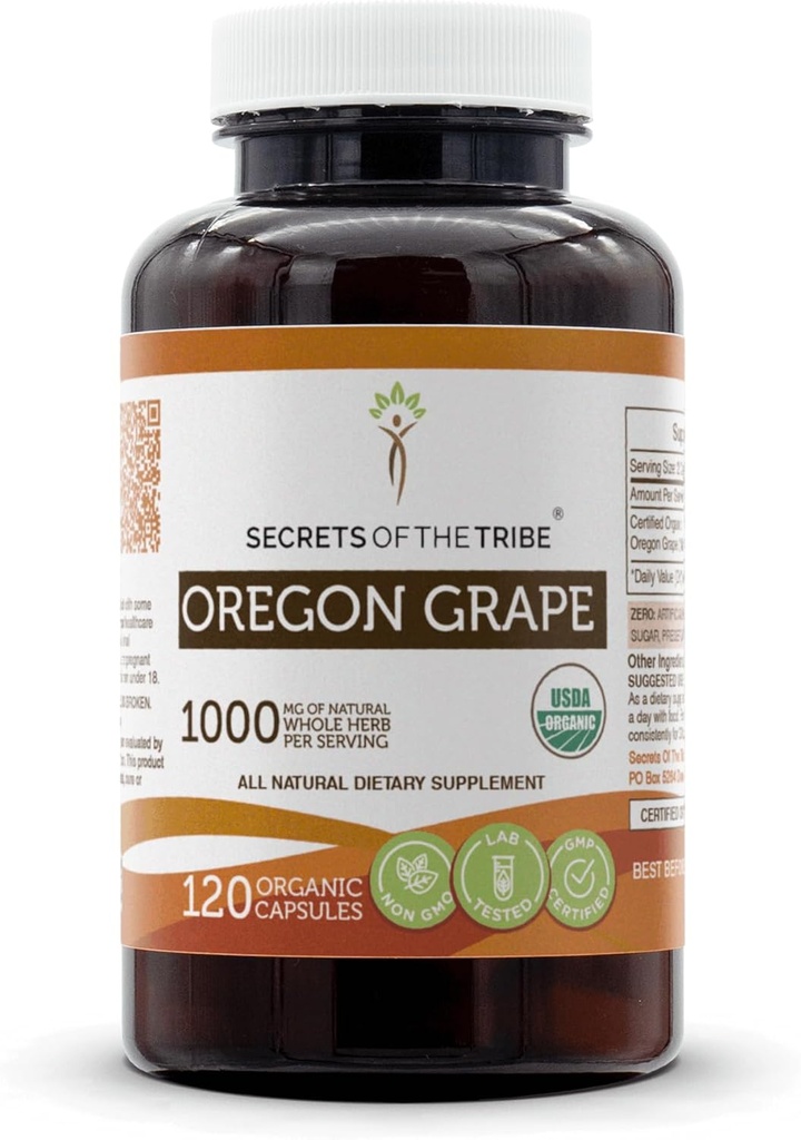 Geheimen van de Tribe Oregon Grape USDA Biologische Capsules Gecertificeerd Biologische Vegetarische Capsules, Kruiden Dieetsupplement 