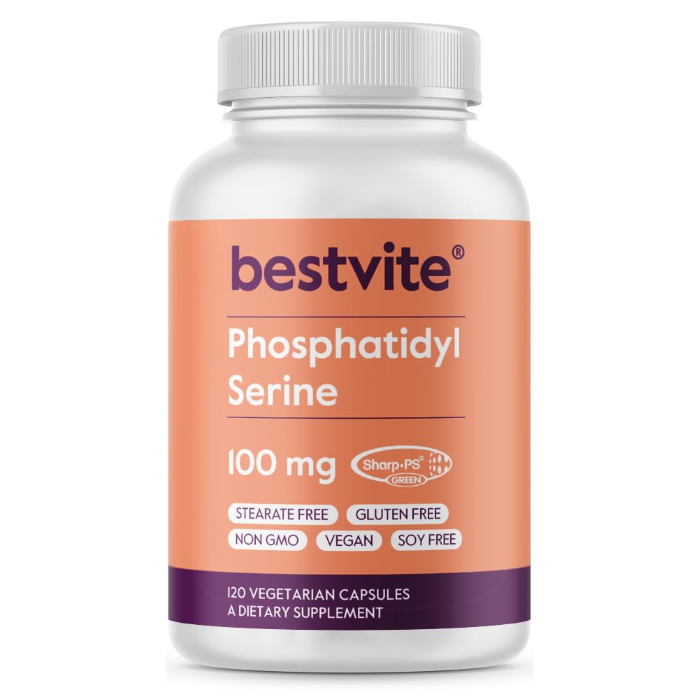 BESTVITE Fosfatidylserine 100 mg per capsule (120 Vegetarische capsules) met Sharp-PS® Green - Gepatenteerd en klinisch getest - Stearaatvrij - Sojavrij - Glutenvrij - Veganistisch - Niet GGO