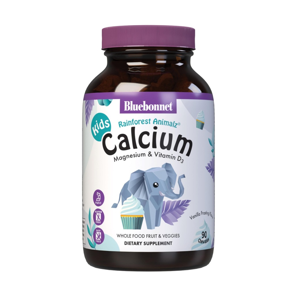 BlueBonnet Super Earth Rainforest Animalz Calcium Magnesium En Vitamine D3 Kauwen, Natuurlijke Vanille Frosting, Wit, 90 Tellen