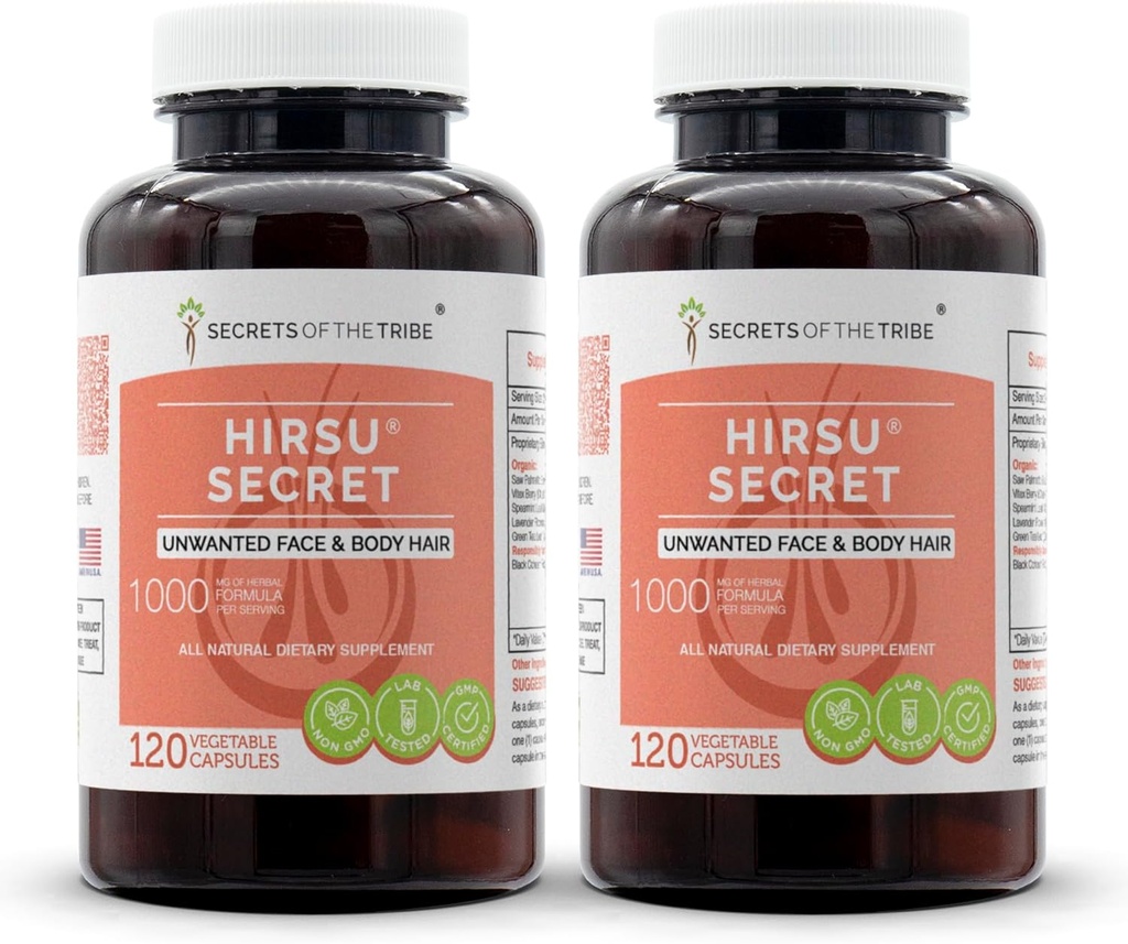Hirsu Secret 120 Capsules(2 pcs.), 1000 mg, Saw Palmetto, Black Cohosh, Vitex, Spearmint, Lavande, Thé vert. Cheveux du visage et du corps non désirés (2x120 capsules)