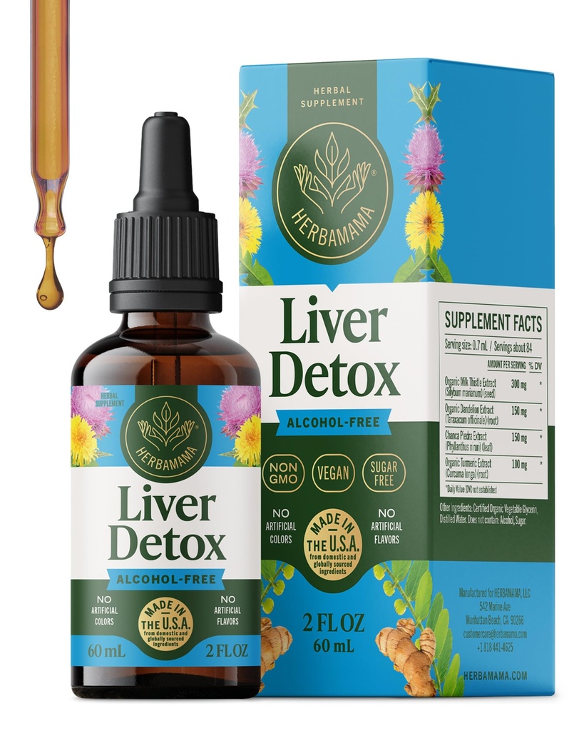 HERBAMAMA Liver Cleanse Detox & Repair - Supplément de soutien du foie - gouttes liquides avec le chardon de lait, racine de dandelion et la canne à la Chanca - Supplément de nettoyage liquide sans alcool et sans sucre, 42 jours d'approvisionnement