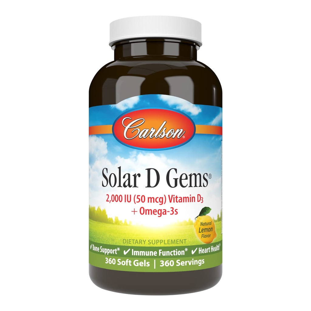 Carlson - Zonne-D Gems, Vitamine D3 en Omega-3 Supplement, 2000 IE (50 mcg) Vitamine D3, 115 mg Omega-3s EPA en DHA Supplement, Wild Caught, duurzaam geproduceerd, Citroen, 360 Softgels