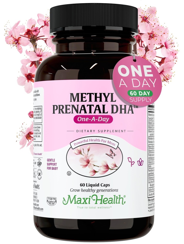 Maxi Health - Methyl Prenatale DHA Prenatale vitamines Vrouwen - Doctor Formulated, Kosher, Glutenvrije Prenatale Multivitamine met 25 Nutriënten Inclusief DHA, Foliumzuur & Meer, 60 Liquid Caps