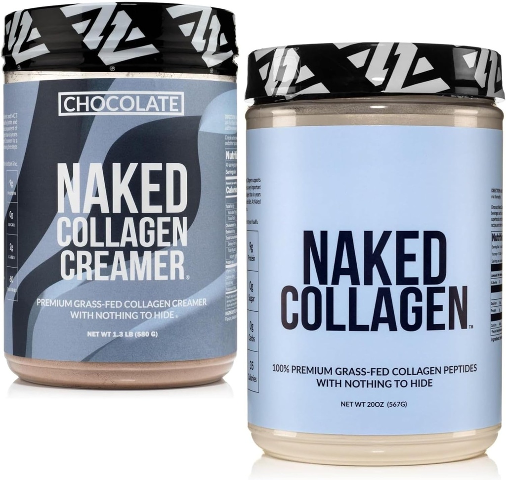 NAKED Collageen Coffee Creamer Chocolate 40 Servers + Collageen Peptides Proteine Powder Unflavored 60 Servers Bundle: Non-GMO, Keto, Gluten-Free, Paleo-Friendly, Soy-Free.