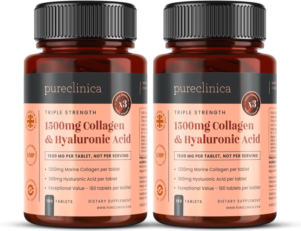 pureclinica UltraColl Collageen & Hyaluronzuur 1500mg x 360 tabletten (2 flessen van 180) - 1 jaar levering