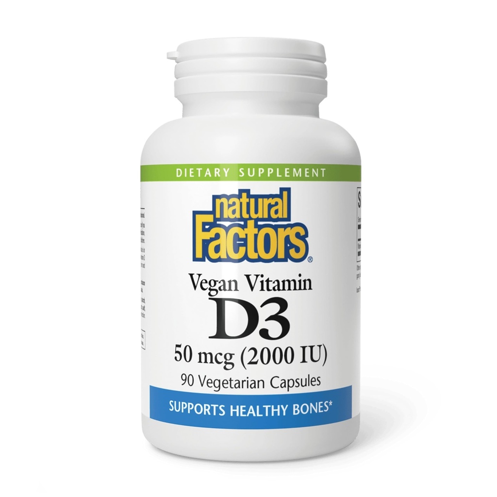 Facteurs naturels Vitamine végétalienne D3 2000 UI - soutient la santé des os et des immunes - Cholecalciferol à base végétale - Capsules végétariennes - 90 Capsules (90 portions)