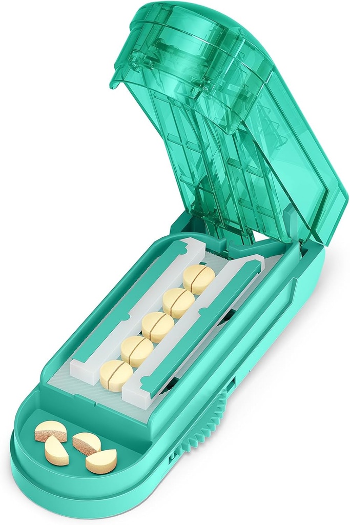 ONE PIX Pill Cutter Splitter pour petites et petites pilules, Medicine Cutter pour couper plusieurs pilules à la fois en deux, Coupe pour petite ou grande pilule avec lame d'acier inoxydable pointu cachée, Cyan