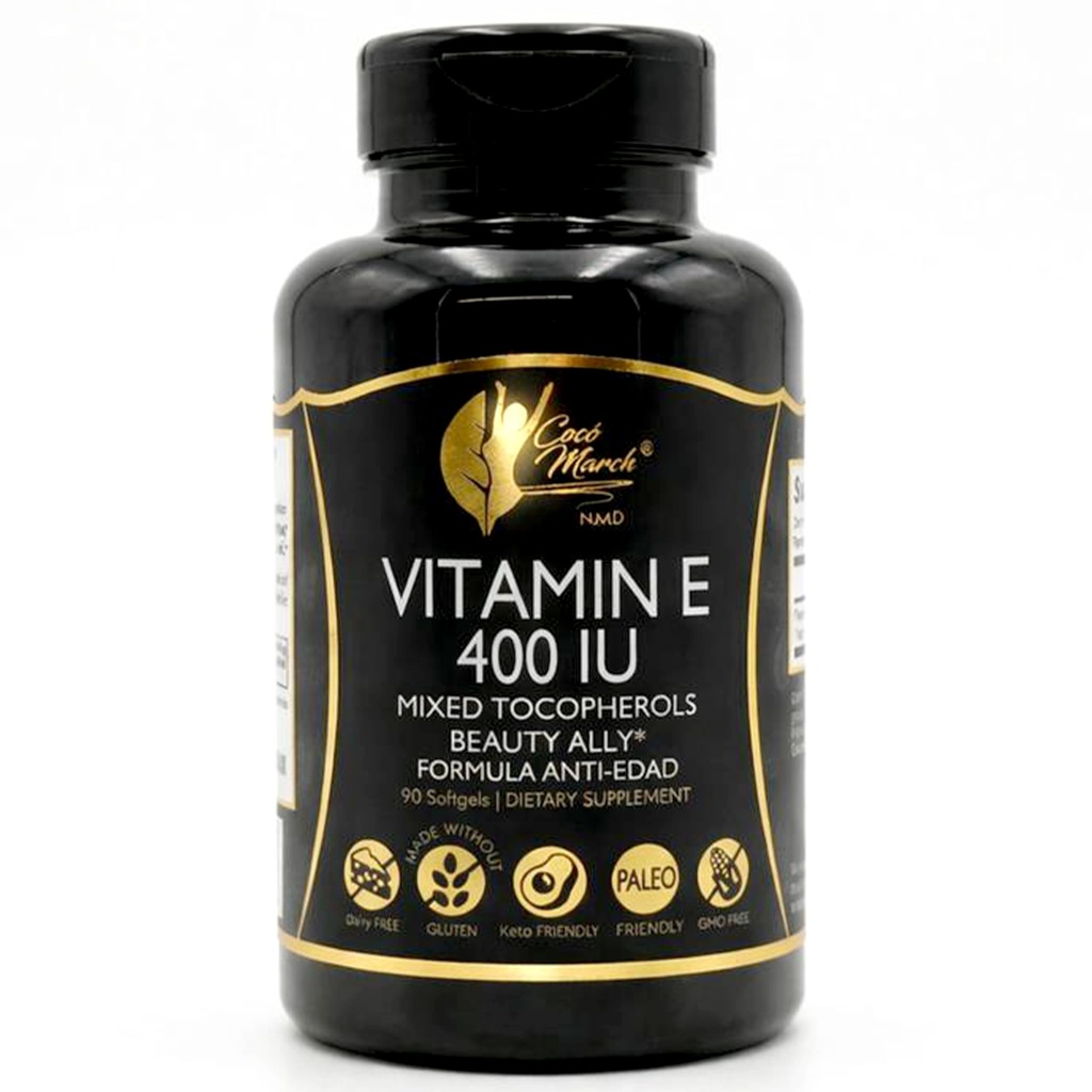 Cocó March N.M.D Natural Vitamin E 400 IE-gemixte tocoferolen, Beauty Ally, 3 maanden aanbod - Glutenvrij, Paleo vriendelijk, Zuivelvrij, Keto vriendelijk, GGO-vrij, 100 Softgels