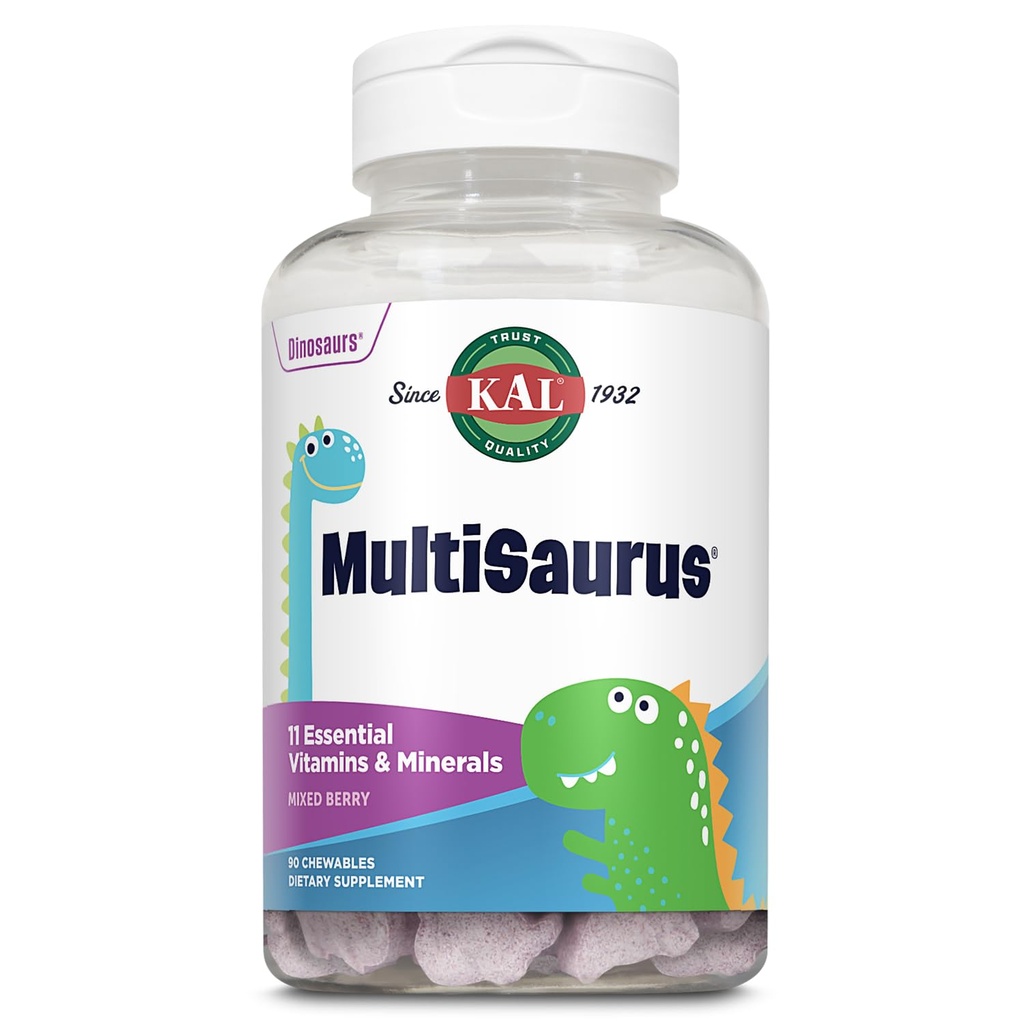 KAL MultiSaurus Kauwbare Multivitaminen, 11 essentiële vitamines en mineralen voor kinderen, gemengde Bessensmaak, Gluten en conserveringsvrij, 90 porties, 90 Dinosaurus-gevormde kauwtabletten