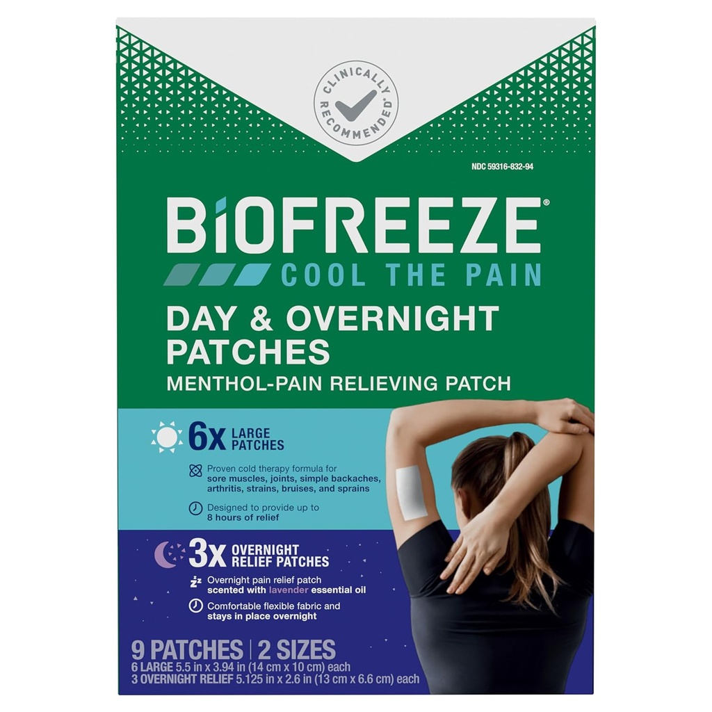 Biofreeze Day & Overnight Pain Relief Patches, Menthol Pain Patches for Artritis & Muscle Pain Relief, Comfortable & Flexible Fabric Stays in Place, FSA/HSA In aanmerking komende, 9 Patches (6 dagen, 3 nachten)