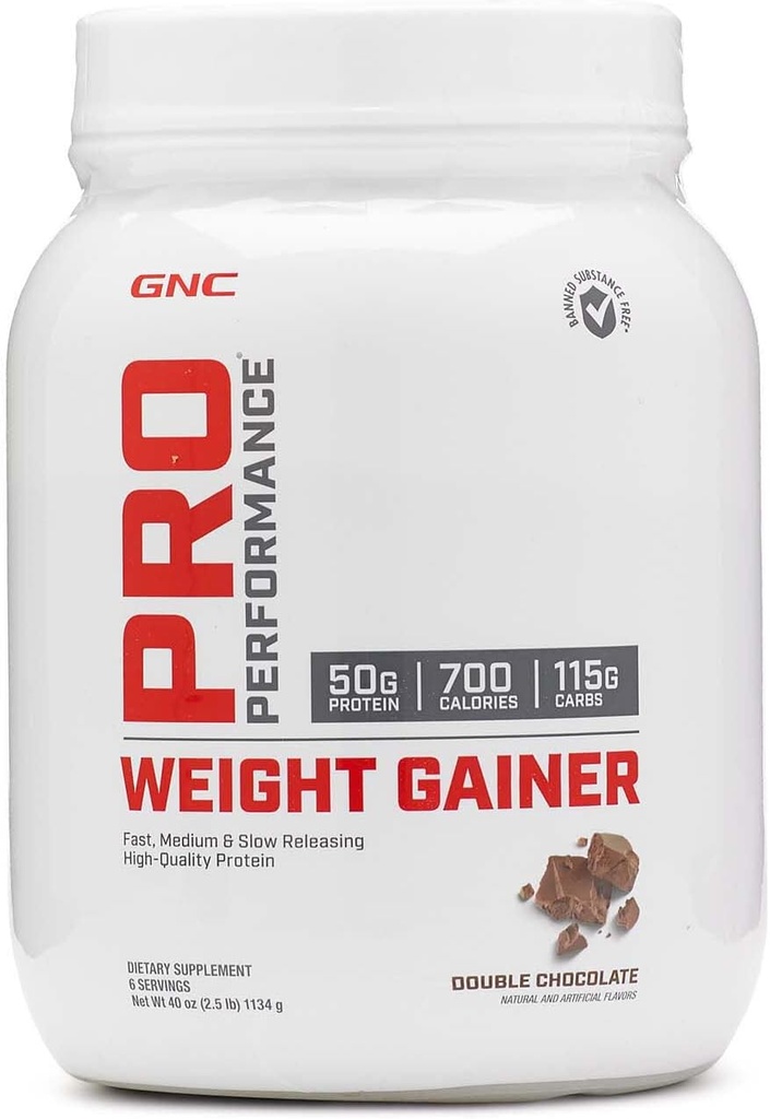 GNC Pro Performance Weight Gainer Proteïne Poeder, 50g Proteïne, Hoge Calorie, 700 Calorieën, Ondersteunt Mass and Muscle Recovery, MCT, BCAA, 3rd Party Tested, Double Chocolate, 6 Servings, 2,5 lbs