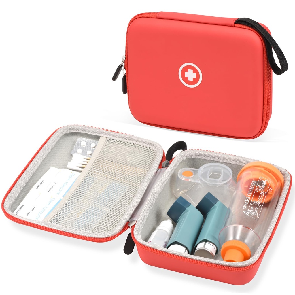 Fukumi Hard Travel Case for Astma Inhaler, Inhaler Spacer Case for Kids and Adults, Maskers, Astma Accessoires Case with Mesh Pocket for Medicine and Other Accessoires, Red (Alleen zaak)