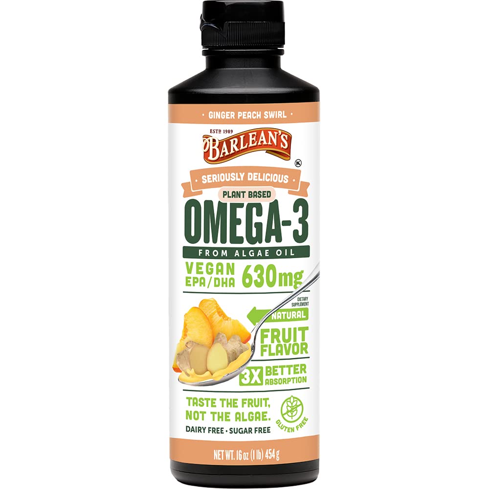 Barlean's Ginger Peach Vegan Omega 3-supplement, vloeibare algenolie met 630 mg EPA & DHA, plantaardige omega's uit algenolie, niet-GMO & Glutenvrij, 16 oz