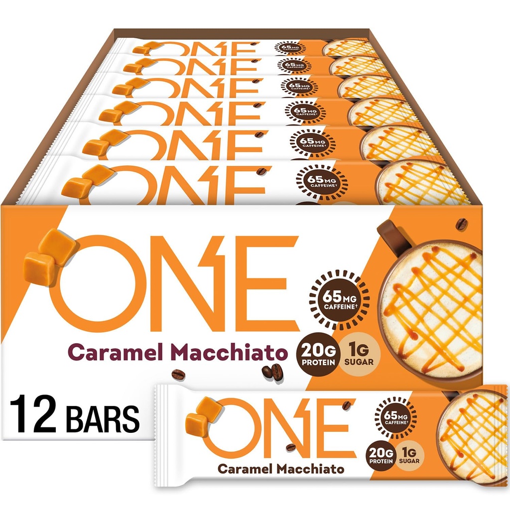 ONE Coffee Shop Caffeinated Proteïne Bars, Caramel Macchiato, Glutenvrij met 20g Proteïne en 65mg Cafeïne Energie, Pantry Staples, 2.12 oz (12 Tellen), Verpakking mei Vary